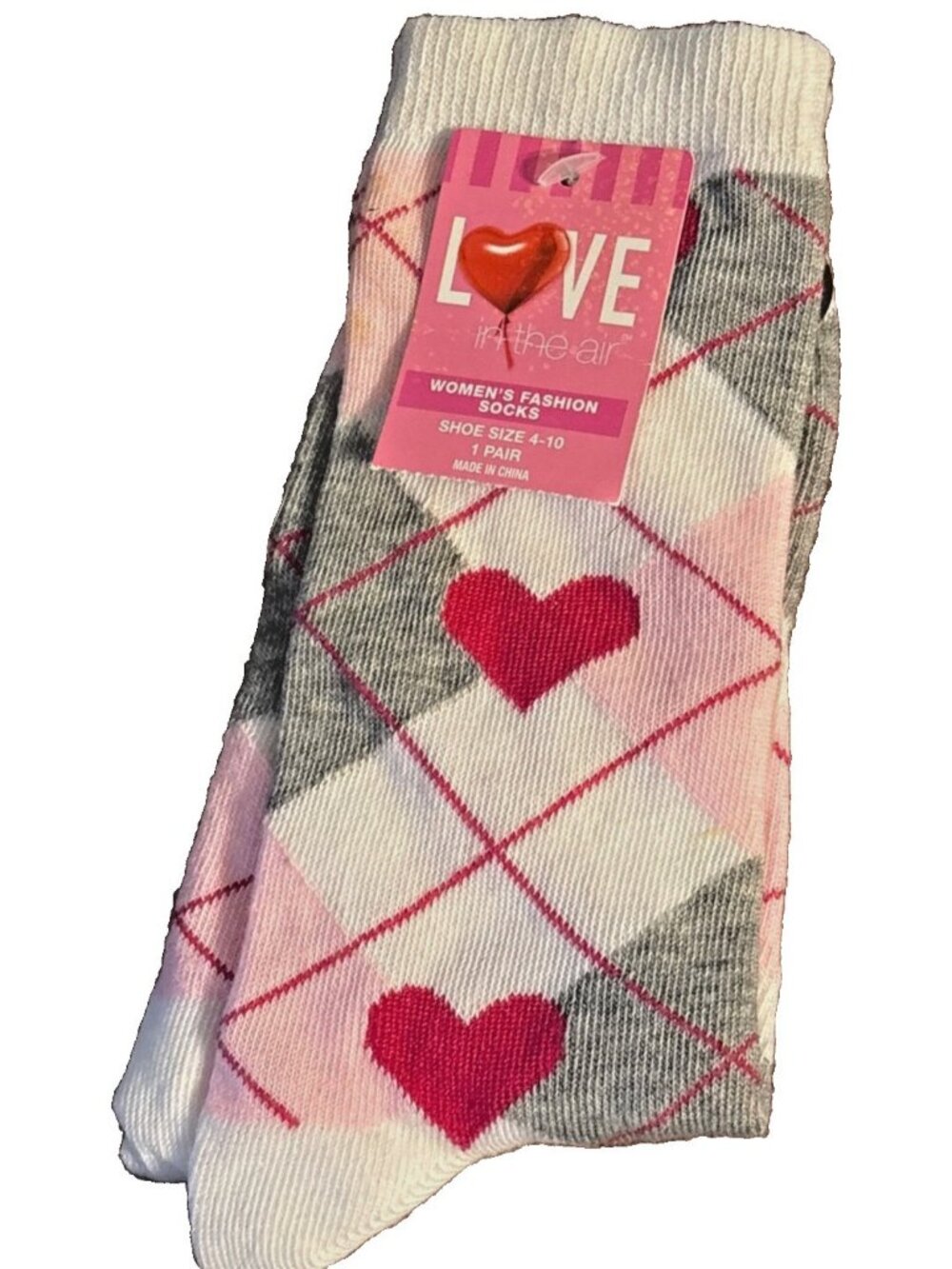 Womens Love In The Air Fashion Socks Pink Hearts Argyle Print Shoe Size 4-10 New